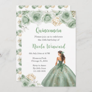 Floral Princess in Sage Green Dress Quinceanera Invitation