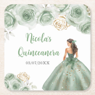 Floral Princess in Sage Green Dress Quinceanera Square Paper Coaster