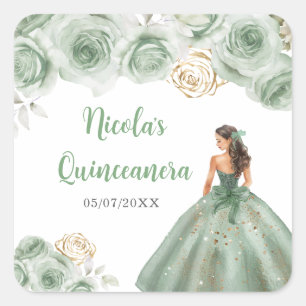 Floral Princess in Sage Green Dress Quinceanera Square Sticker