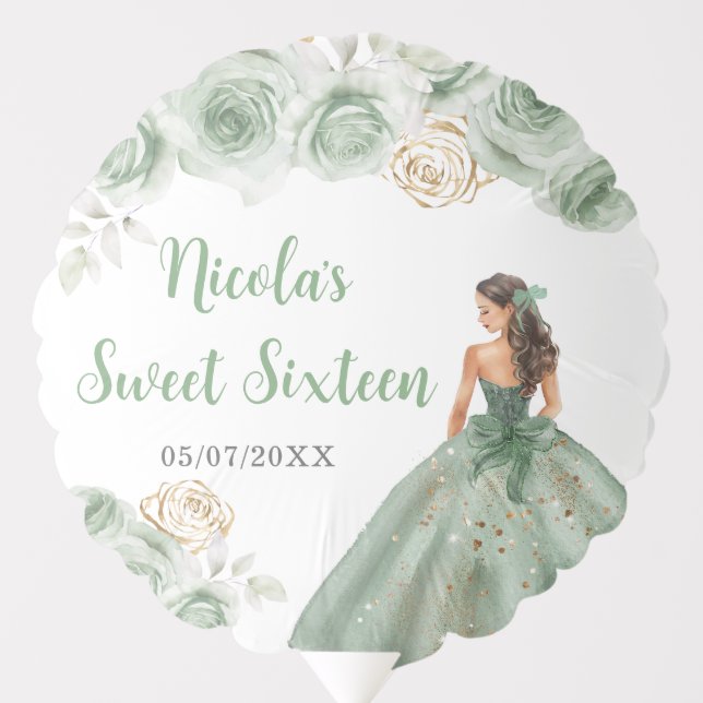 Floral Princess in Sage Green Dress Sweet Sixteen Balloon (Front)