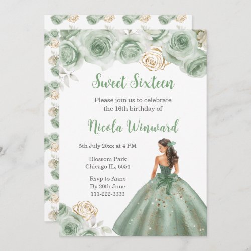 Floral Princess in Sage Green Dress Sweet Sixteen Invitation
