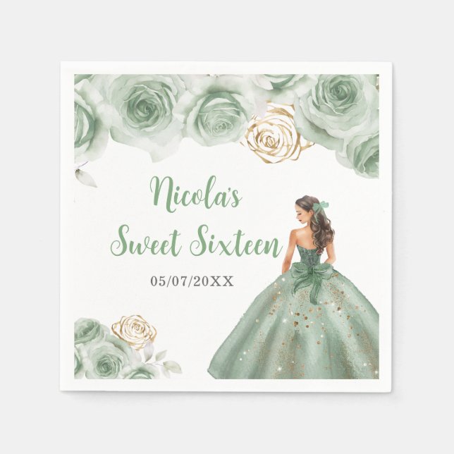 Floral Princess in Sage Green Dress Sweet Sixteen  Napkins (Front)