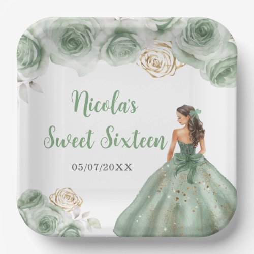 Floral Princess in Sage Green Dress Sweet Sixteen  Paper Plates