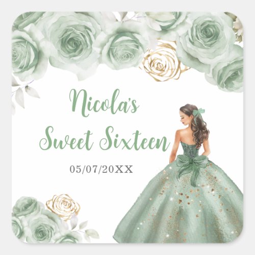 Floral Princess in Sage Green Dress Sweet Sixteen  Square Sticker