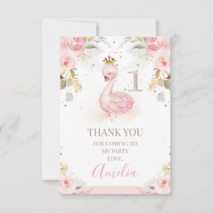 Floral Princess Swan 1st Birthday Thank You Card