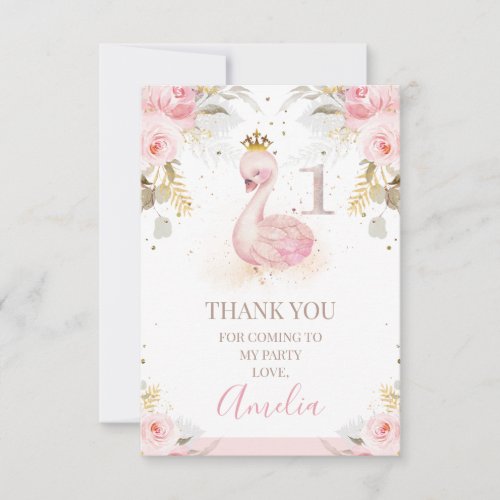 Floral Princess Swan 1st Birthday Thank You Card