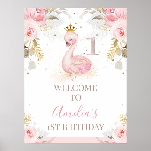 Floral Princess Swan 1st Birthday Welcome Sign