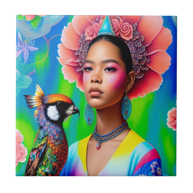 Floral princess with a bird ceramic tile (Front)