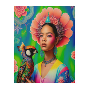 Floral princess with a bird wood wall art