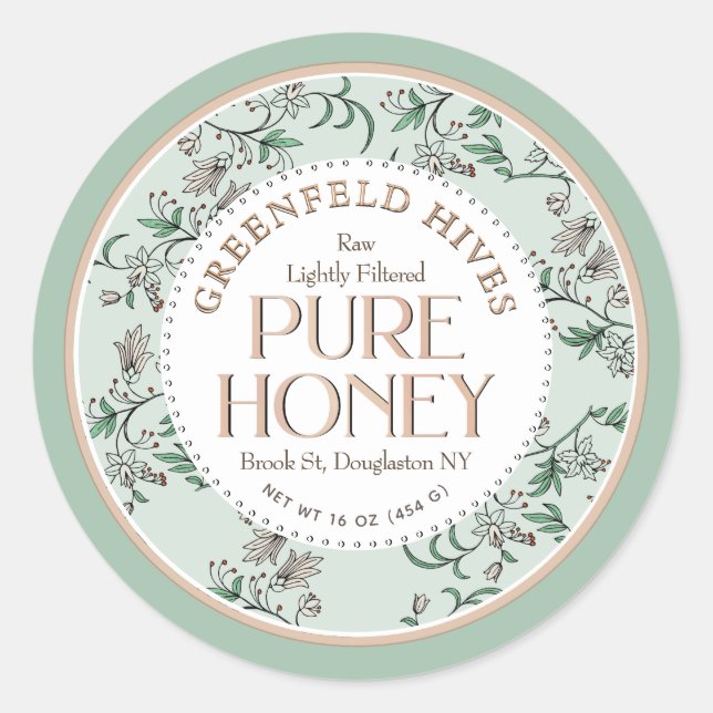 Floral Print Bees Pale Green and Blush Raw Honey Classic Round Sticker (Front)