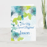 Floral Print Custom Name Birthday Card-Boyfriend C Card<br><div class="desc">Imagine this fresh floral watercolor-look printed birthday card being opened by your special boyfriend with his custom name on it. Hues of Blues & Greens on a crisp White background. Greeting printed inside. Customize her name by choosing menu at right, click on the sample name and change the text to...</div>