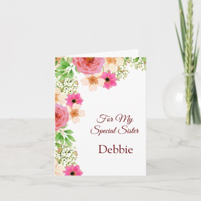 Floral Print Custom Name Birthday Card-Sister Card (Front)