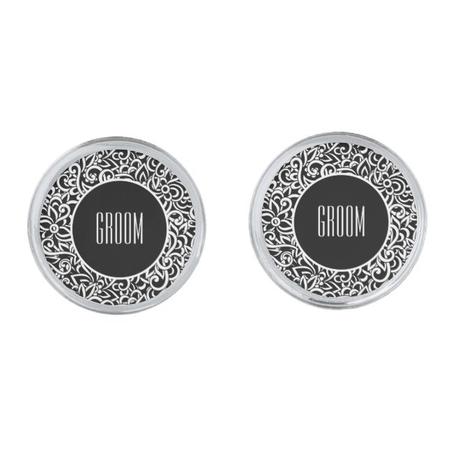 Floral Print Groom Cufflinks  (Front)