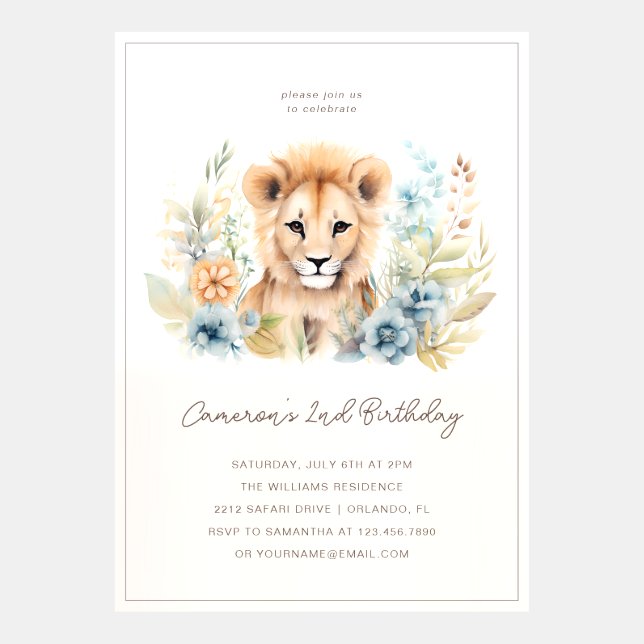 Floral Print Lion Cub Safari Birthday Invitation (Front)