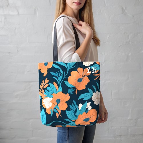 Floral print pattern tote with custom initials