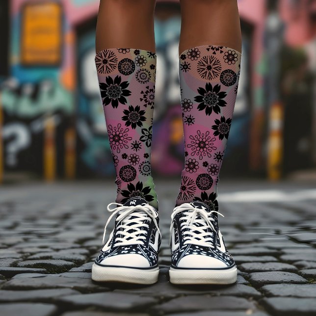  Floral Print Pop Art Pattern Cute Girly Boho Grey Socks (Creator Uploaded)
