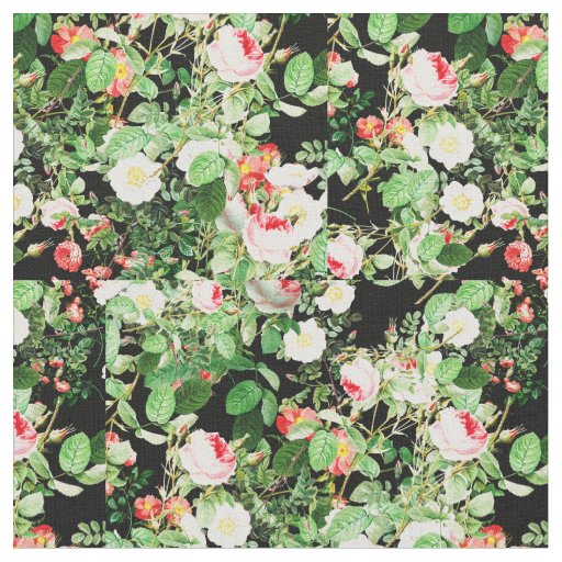 Floral Print Rose Pink & White Flowers On Black Fabric