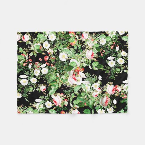 Floral Print Rose Pink  White Flowers On Black Fleece Blanket