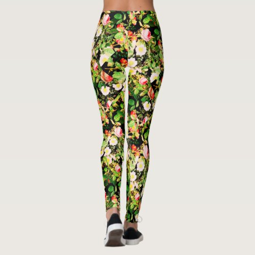 Floral Print Rose Pink  White Flowers On Black Leggings