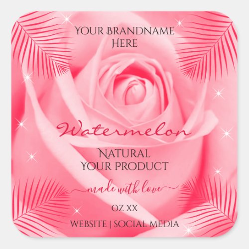 Floral Product Label Pink Rose and Red Palm Leaves