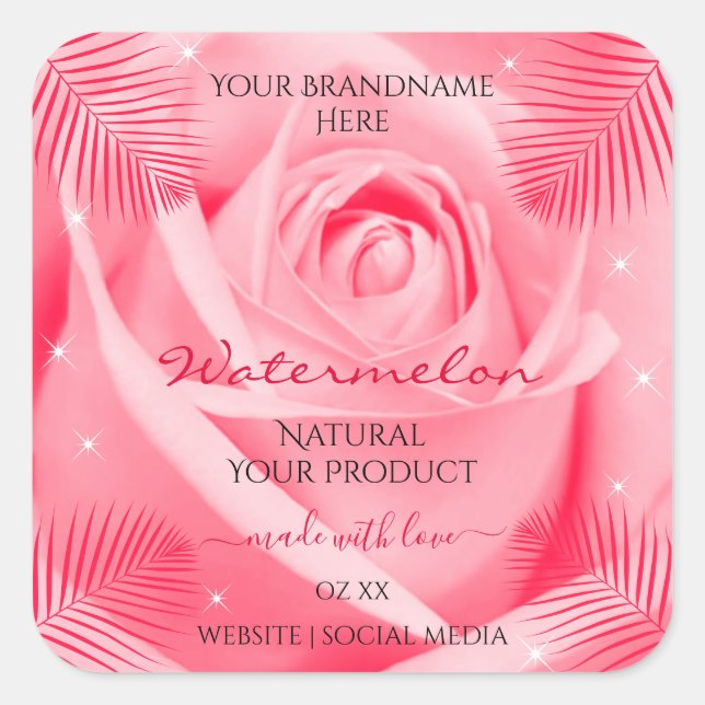 Floral Product Label Pink Rose and Red Palm Leaves (Front)