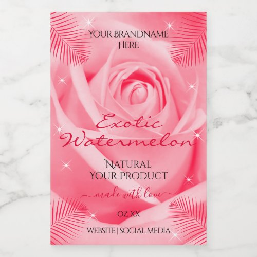 Floral Product Label Pink Rose and Red Palm Leaves