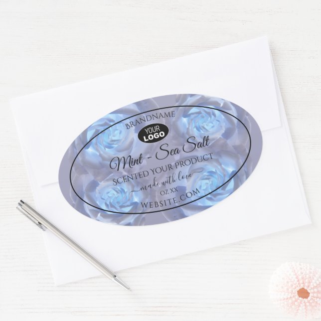 Floral Product Labels Light Blue Roses with Logo (Envelope)
