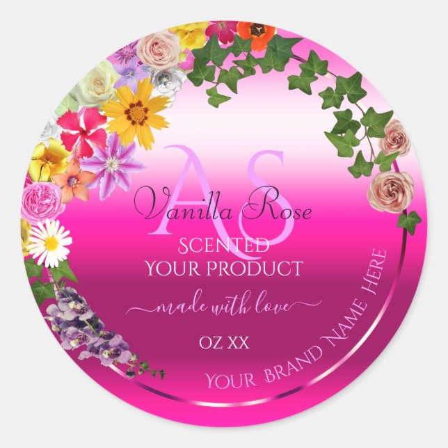 Floral Product Labels Pink Gradient with Monogram (Front)