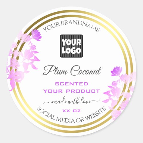 Floral Product Labels with Logo White Purple Gold