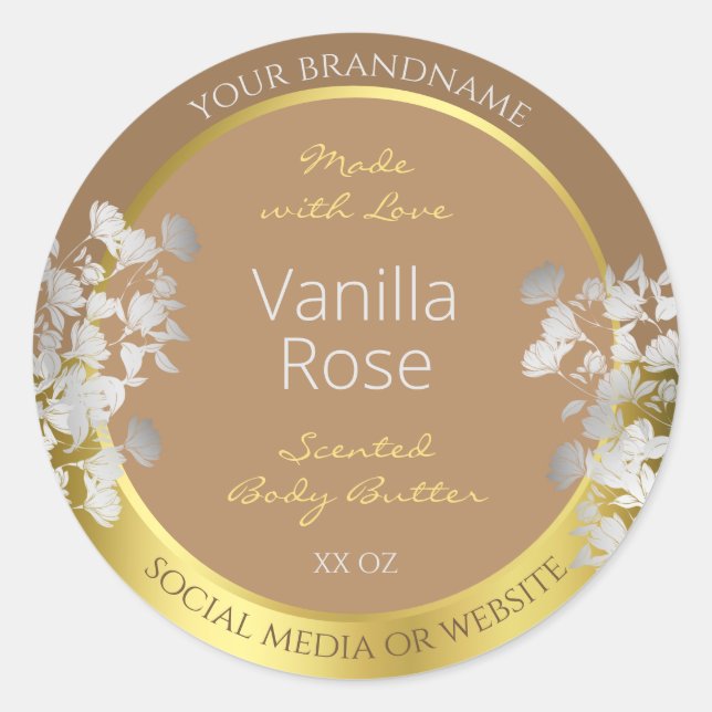 Floral Product Packaging Labels Brown Gold Silver (Front)