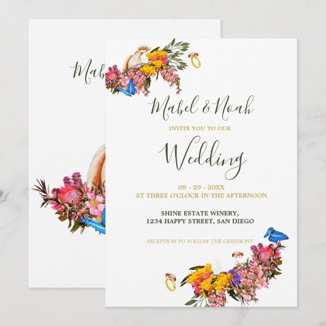  Floral Protea Cockatoo Sustainable Bees Wedding Invitation (Front/Back)