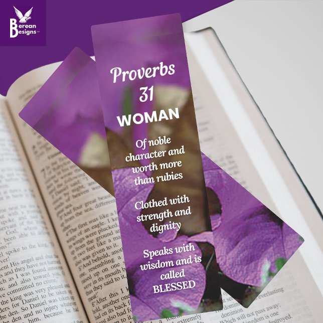 Floral PROVERBS 31 WOMAN Christian Mom Gift Bookmarks (PROVERBS 31 WOMAN Christian bookmark with purple floral background. Ideal book gift for faith moms.)