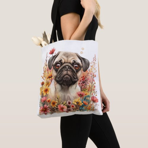 Floral Pug  Tote Bag
