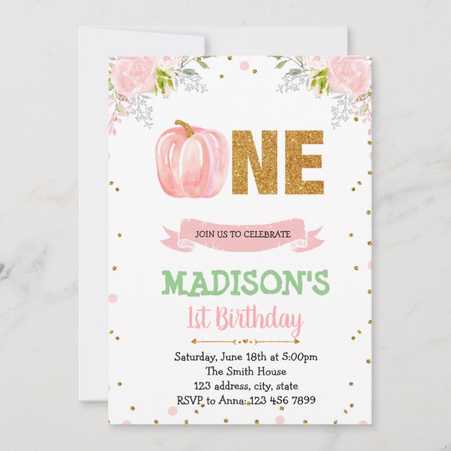 Floral pumpkin 1st birthday invitation (Front)
