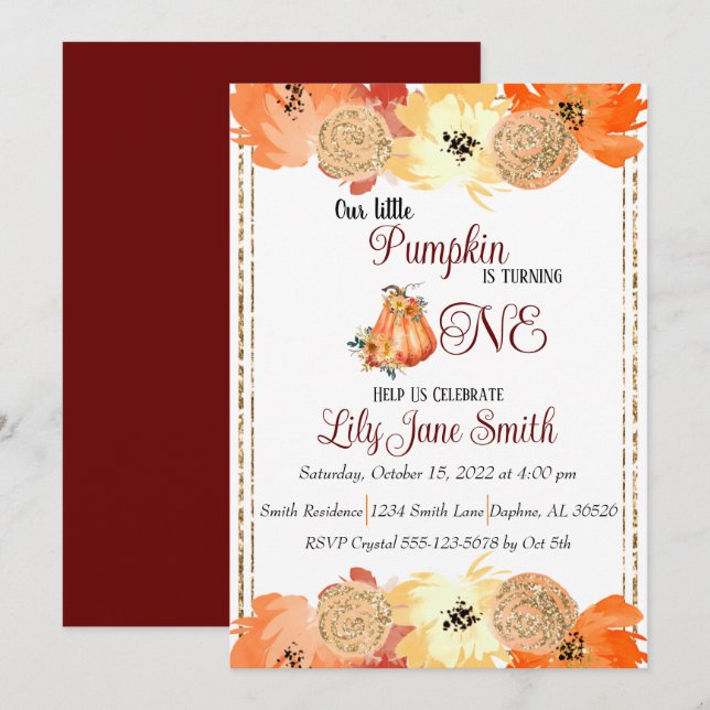Floral Pumpkin 1st Birthday Invitation (Front/Back)