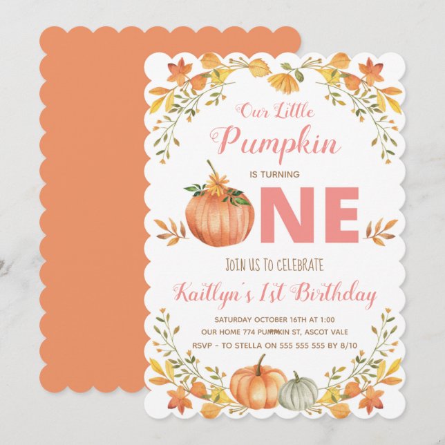 Floral Pumpkin 1st Birthday Party Invitation (Front/Back)