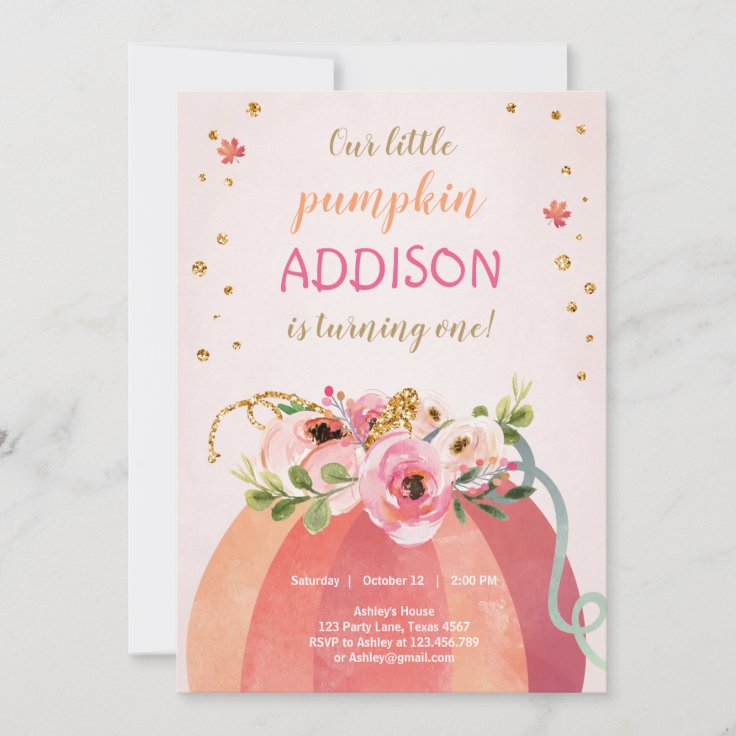 Floral Pumpkin Autumn Fall Gold Pink Birthday Girl Invitation | Zazzle