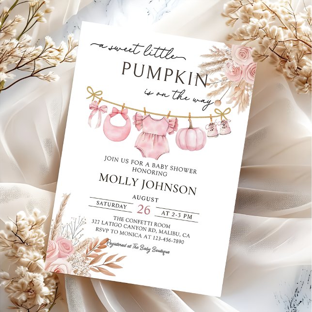 Floral Pumpkin Baby Clothesline Fall Baby Shower Invitation (Creator Uploaded)