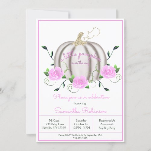Floral Pumpkin Baby Girl Pink and Gold Baby Shower Invitation
