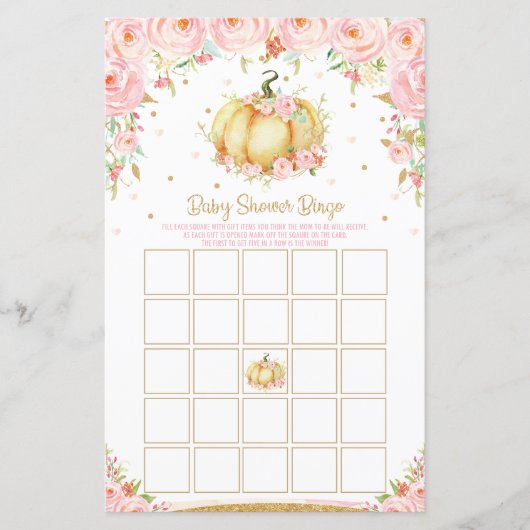 Floral Pumpkin Baby Shower Bingo Game Activity (Front)