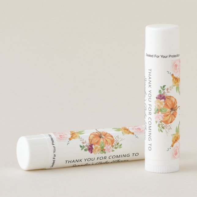Floral pumpkin baby shower favors. Fall Lip Balm (Front)