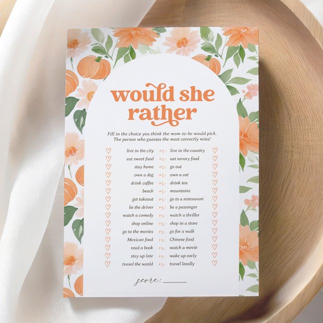 Floral Pumpkin Baby Shower Would She Rather Game Invitation (Creator Uploaded)