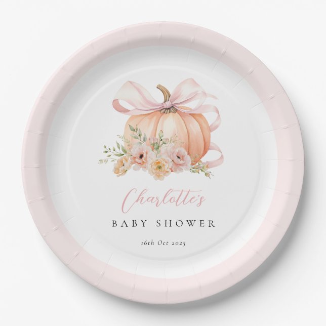 Floral Pumpkin Bow Baby Shower Paper Plates (Front)
