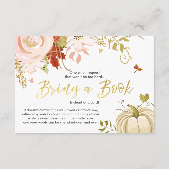 Floral Pumpkin Bring a book Fall Autumn Shower Enclosure Card (Front)