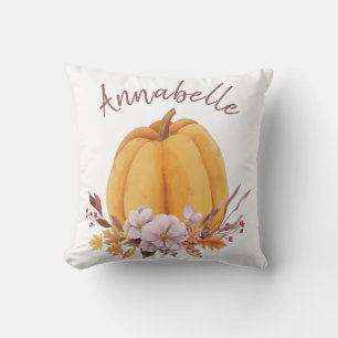 Floral Pumpkin Fall Autumn Name Girls Room Throw Pillow