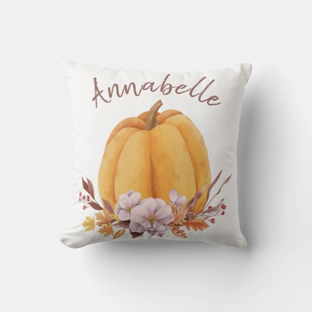 Floral Pumpkin Fall Autumn Name Girls Room  Throw Pillow (Front)