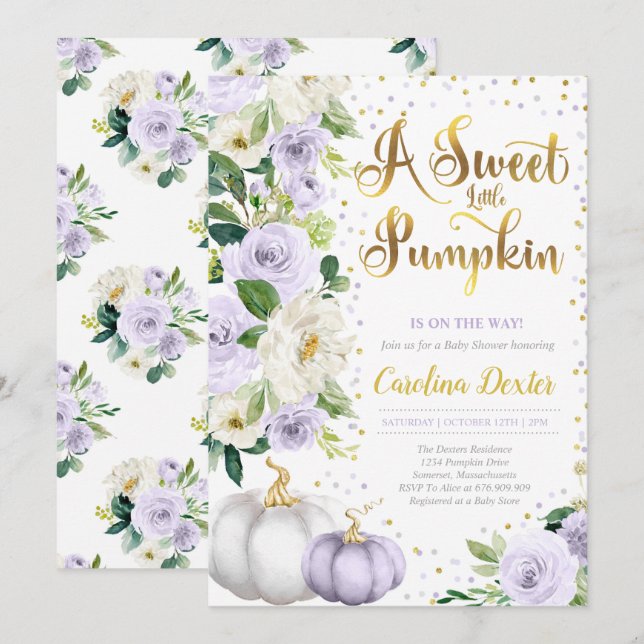Floral Pumpkin Fall Baby Shower Purple Roses Invitation (Front/Back)