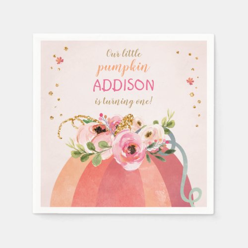 Floral Pumpkin Fall Girl Pink Gold Birthday Napkins