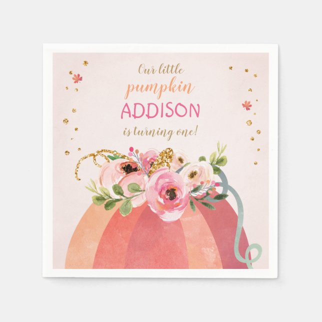 Floral Pumpkin Fall Girl Pink Gold Birthday Napkins (Front)