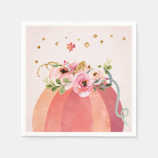Floral Pumpkin Fall Girl Pink Gold Birthday Napkins (Front)
